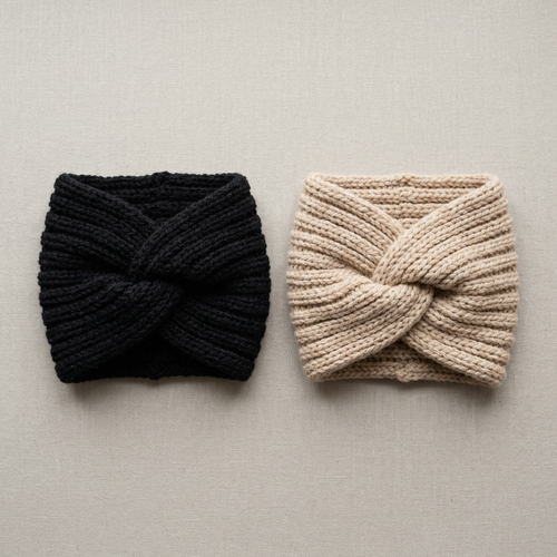 Illustration conceptuelle de deux bandeaux en maille à nœud croisé, noir et beige