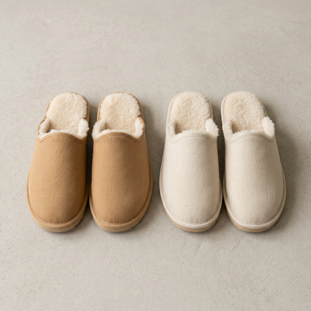 Illustration conceptuelle de chaussons doublés à enfiler, en camel et écru